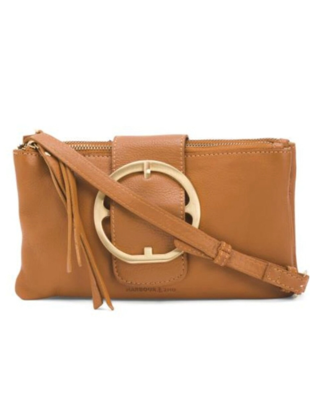 Harbour 2nd Double Zipper Top Crossbody Bag Genuine Pebbled Leather Tan